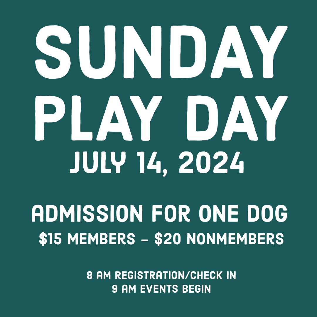 Sunday Play Day July 14, 2024. Admission for 1 dog. $15 for members and $20 for non members