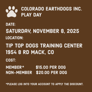 Play Day Saturday November 8, 2025 at Tip Top Dogs Training Center Mack, CO. Members $15 per dog, nonmembers $20 per dog.